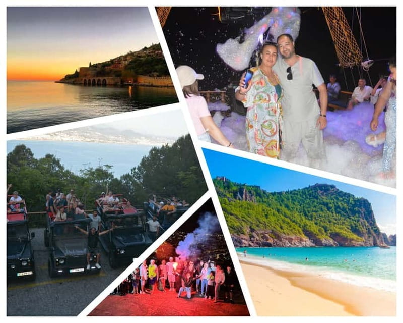 Alanya: Sunset Party Boat, Jeep, Cleopatra Beach & Dinner - The Itinerary in Detail