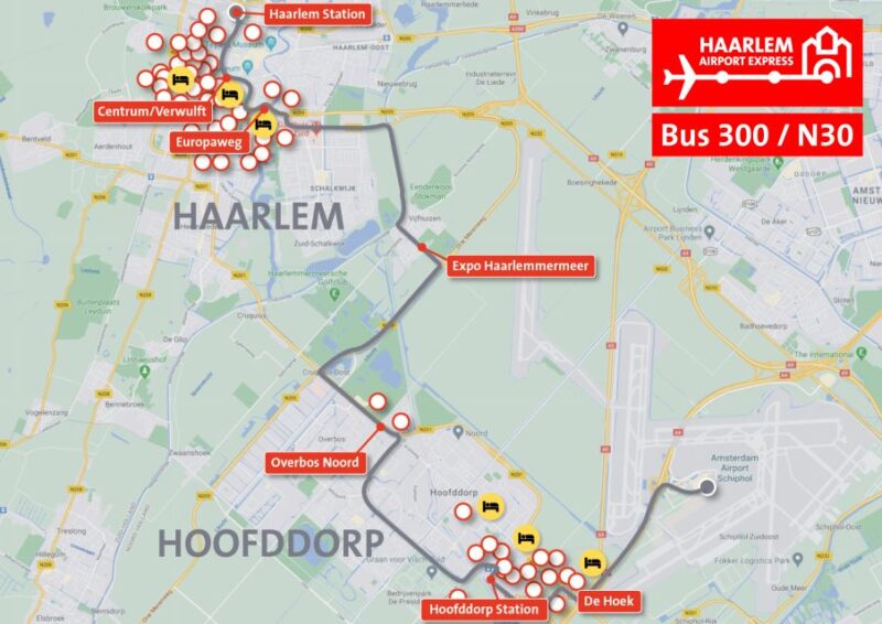 Direct Schiphol Bus Transfer to Haarlem City Center (Return) - Route and Main Stops